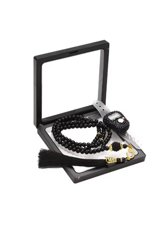 طقم سبحة مع عداد تسبيح الكتروني – تصميم انيق داخل بوكس هدايا (اسود) - Image 1